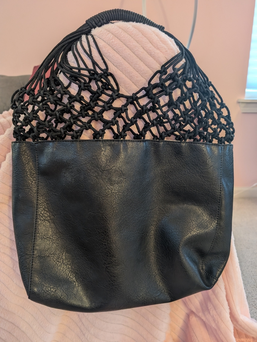 Black Leather Open Top Tote Bag Woven Net Handle "OrYany Lottie" Style